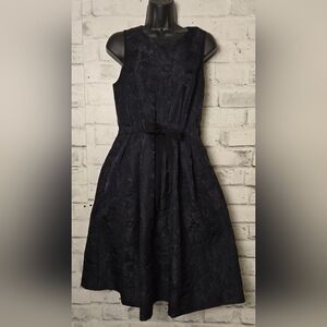 H&M Black Floral Jacquard Fit & Flare Dress w/ Bow | Size 10